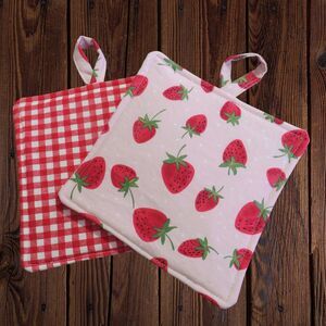 Handmade Potholder, Set of 2, Reversible Strawberries and Red Gingham Hot Pads